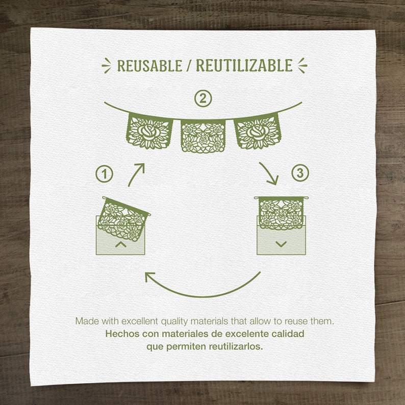 K&ouml;nnte beinhalten: Ein Diagramm, das zeigt, wie man Papierdekorationen wiederverwendet. Das Bild zeigt eine Girlande aus gr&uuml;nen Papierdekorationen mit einem floralen Design. Der Text "REUSABLE / REUTILIZABLE" befindet sich oben im Bild. Der Text "Hergestellt aus hochwertigen Materialien, die eine Wiederverwendung erm&ouml;glichen. Hechos con materiales de excelente calidad que permiten reutilizarlos." befindet sich unten im Bild.
