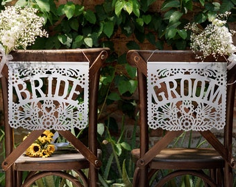 Wedding Chair Signs + Matching Stick Flags Bundle - Papel Picado Signs (Bride and Groom / Novio & Novia / MR and MRS / Sugar Skulls)