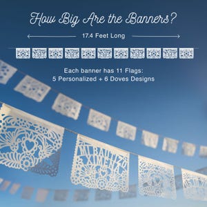 May include: A white paper banner measuring 17.4 feet long, featuring 11 flags with intricate cut-out patterns. The text 'How Big Are the Banners?' and 'Each banner has 11 Flags: 5 Personalized + 6 Doves Designs' is displayed above the banner.