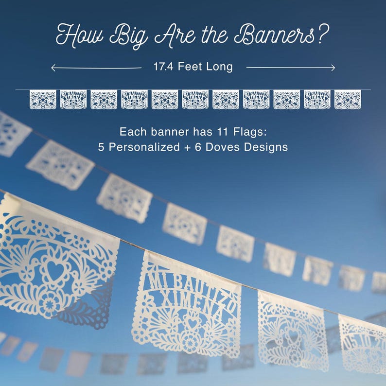 May include: A white paper banner measuring 17.4 feet long, featuring 11 flags with intricate cut-out patterns. The text 'How Big Are the Banners?' and 'Each banner has 11 Flags: 5 Personalized + 6 Doves Designs' is displayed above the banner.
