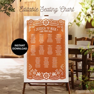 Puede incluir: Un plano de asientos de boda en un caballete. El gráfico tiene un fondo naranja quemado con diseños florales y de pájaros blancos. El texto dice "Editable Seating Chart" y "Jessica & Nick Find Your Seat". Un círculo negro con "Instant Download" es visible.