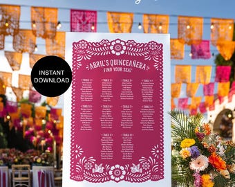 Quinceañera Seating Chart Template | Editable Papel Picado Table Plan | Printable Mexican Fiesta Décor for 15 años & XV Fiesta Seating Plan
