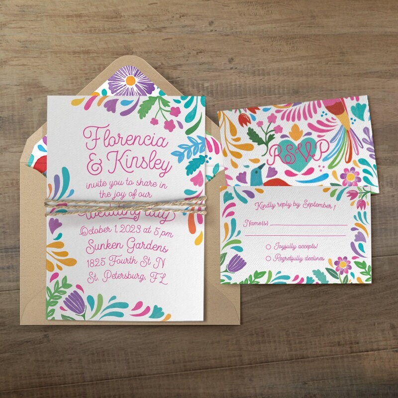 Mexican Wedding Invitation RSVP Cards Bundle Personalized Wedding Invitations Otomi Invitation for Mexican Theme Weddings and