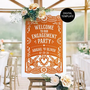 Modello di cartello digitale per festa di fidanzamento Papel Picado / Modello di cartello di benvenuto per matrimonio / Cartello per festa di fidanzamento messicano modificabile e stampabile