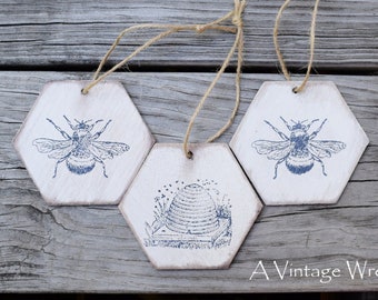Wooden Bee Ornaments Set of 3 / Bee Tags / Rustic wood bee sign / honeybee decor / Vintage bee skep / vintage bee print