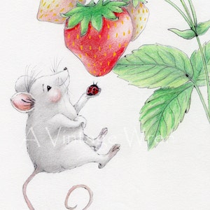 May include: A white mouse with a curled tail holds a red ladybug in its paw and looks up at a red strawberry hanging from a green plant with leaves.