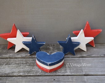 Wooden Star Red, White, and Blue / 4th of July Decor / Rustic Wooden Heart / Patriotic Wooden Star / Americana Stars and Hearts / USA Decor