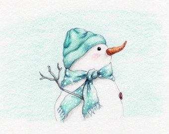 Snowman print with Double Mat / Snowman painting / winter snowman art / Christmas art