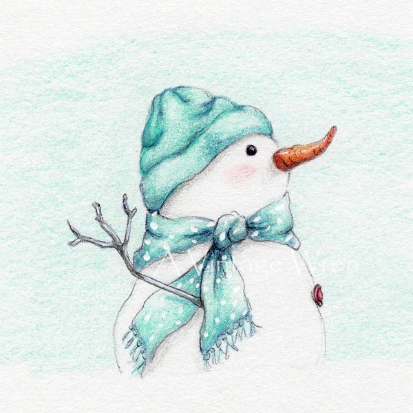 Snowman print with Double Mat / Snowman painting / winter snowman art / Christmas art