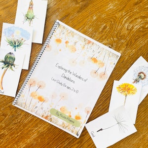 Puede incluir: Un libro titulado "Exploring the Wonders of Dandelions: Unit Study (for ages 2 to 8)" de Kristin Khanna. La portada presenta una ilustración de acuarela de dientes de león sobre un fondo amarillo claro.