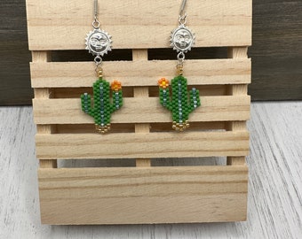 Beaded Cactus Silver Earrings