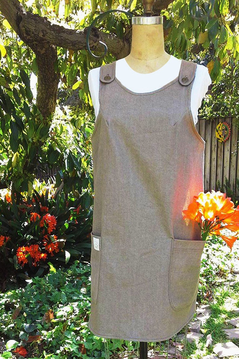 Denim Khaki Japanese Style Apron Tunic / Gardening Apron/ Kitchen Apron