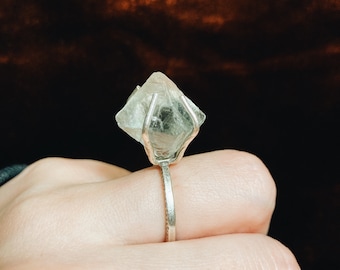 Natural Octahedron Rainbow Fluorite Gem Ring Silver