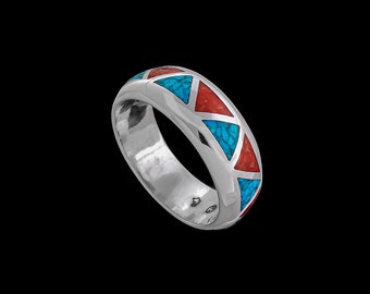 Southwestern Sterling Silver Ring with Turquoise and Coral