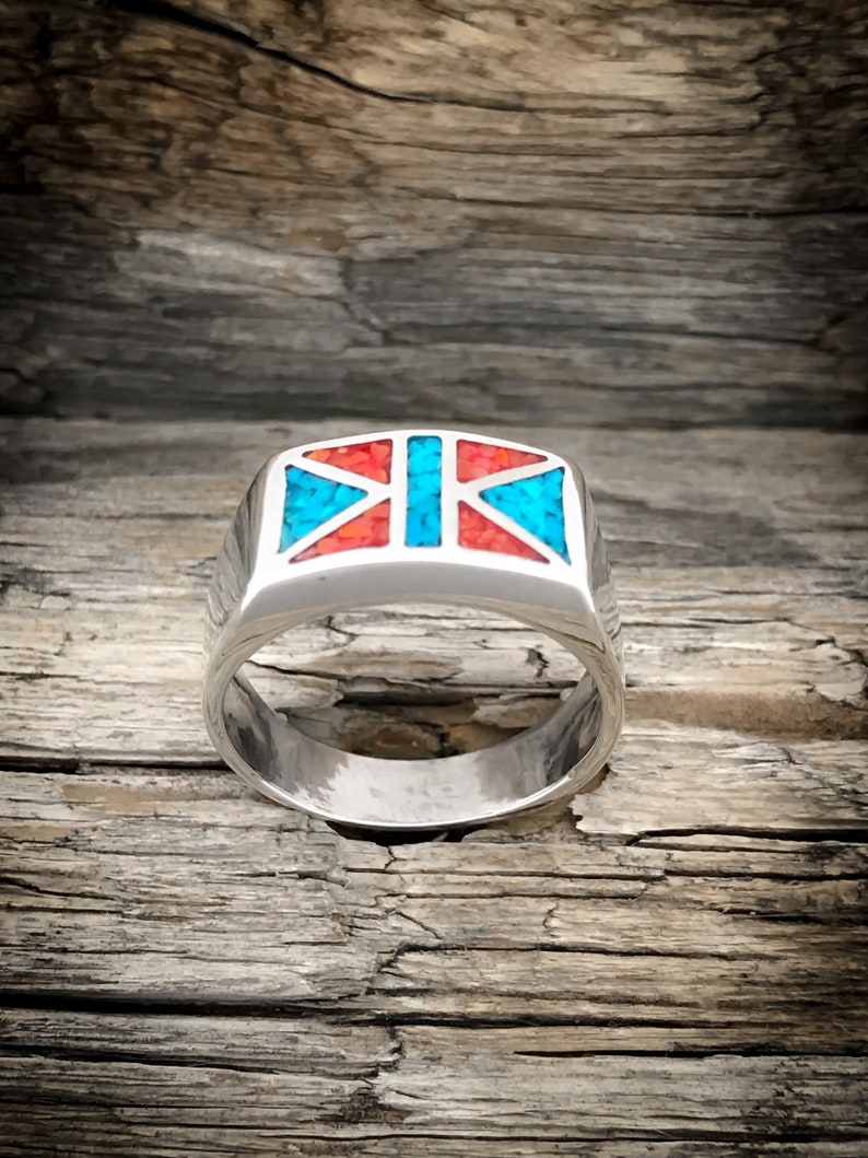 Sterling silver Ring with Turquoise /& Coral inlay
