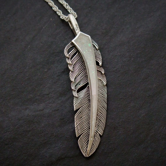 Large Sterling Silver and White Opal Chip Feather Pendant - Etsy