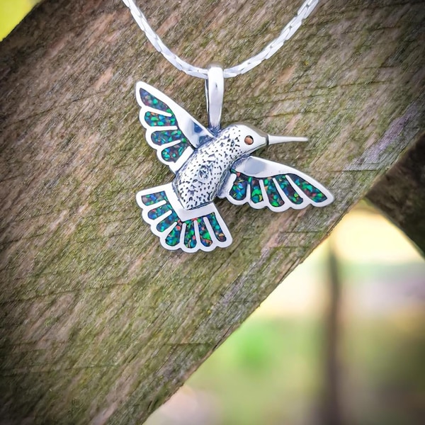 925 Sterling Silver Hummingbird Pendant with galaxy opal