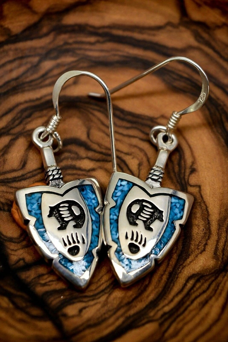 Arrowhead Earrings with Turquoise Bear design 925 Sterling Silver