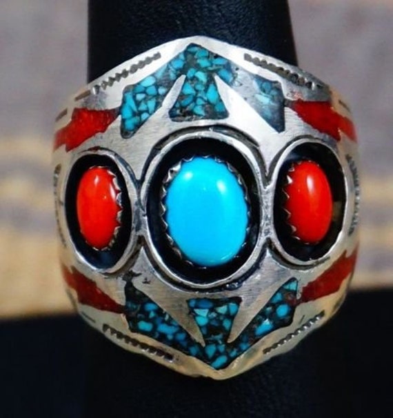 MYSTERIOUS VINTAGE NAVAJO DUEL SIDED TURQUOISE CORAL SILVER TOOLED NECKLACE MYSTERIOUS VINTAGE NAVAJO DUEL SIDED TURQUOISE CORAL SILVER TOOLED NECKLACE