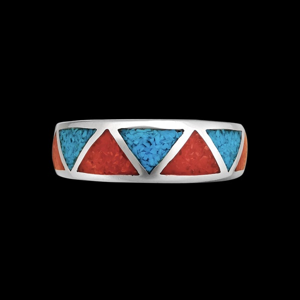 Navajo Vintage Triangle Ring • Handmade Red and Blue Ring • Native American Wedding Band