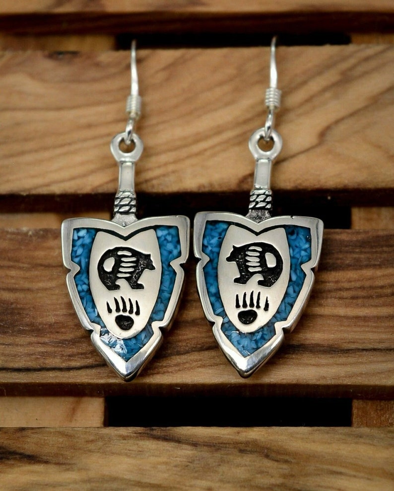 Arrowhead Earrings with Turquoise Bear design 925 Sterling Silver