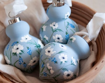 Dusty Blue Hand-Painted Ceramic Ornament with Anemones and Blue Muscaris
