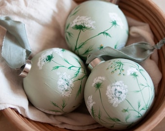 Sage Hand-Painted Ceramic Ornament with Queen Anne's Lace