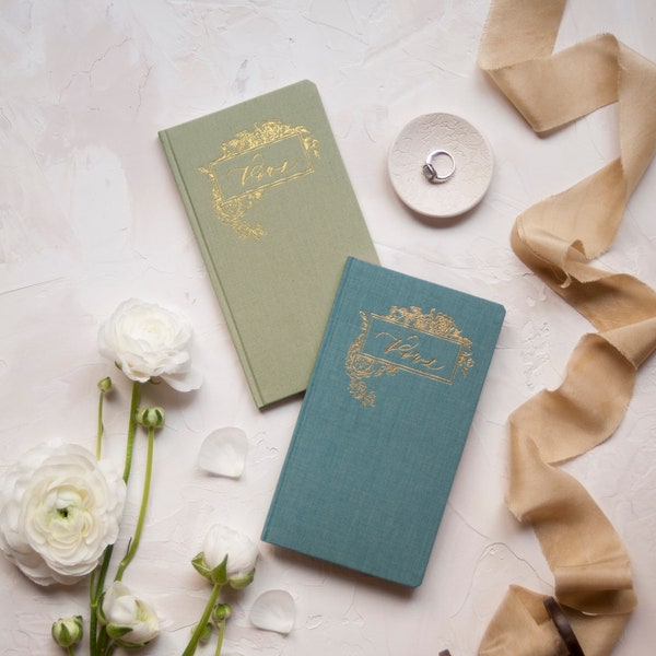 Livres de vœux de mariage avec presse à feuille d'or, couverture en lin frais - Paire de 2 sans personnalisation