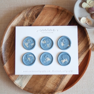 Dusty Blue Wax Stickers with Hydrangea and Anemone Stamp and Dried White Petals-Set of 6