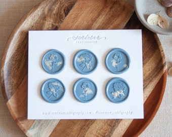 Dusty Blue Wax Stickers with Hydrangea and Anemone Stamp and Dried White Petals-Set of 6