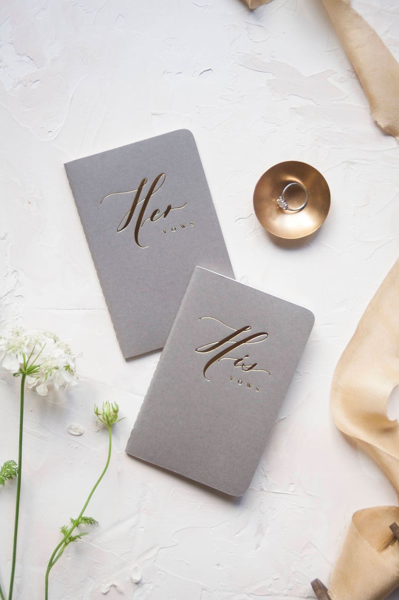 Wedding Vow Books Gold Foil Press on Grey Notebook-set of his and her with no personalization image 3