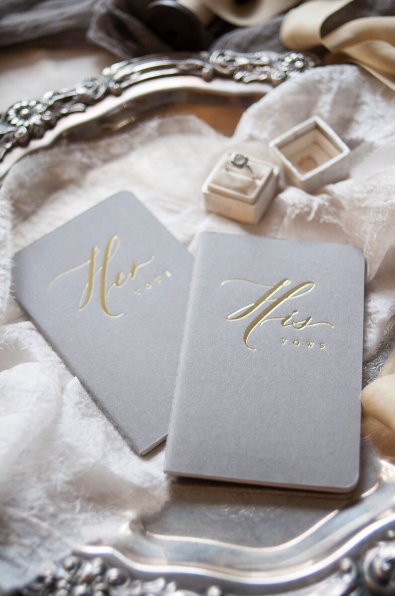 Wedding Vow Books Gold Foil Press on Grey Notebook-set of his and her with no personalization image 6