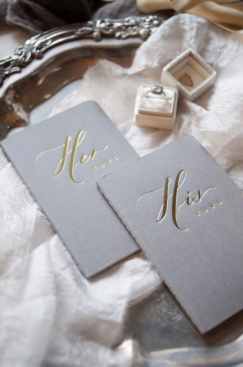 Wedding Vow Books Gold Foil Press on Grey Notebook-set of his and her with no personalization image 5