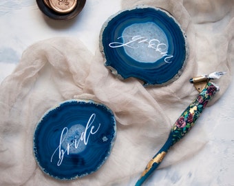 3"-4" Set of 2 Bride and Groom Blue Agate Slice Place Cards with Calligraphy