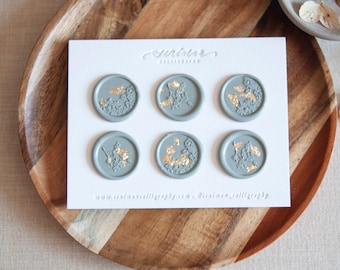 Thyme Green Wax Stickers with Lace and Jasmine Vine design and Gold Flakes - Set of 6