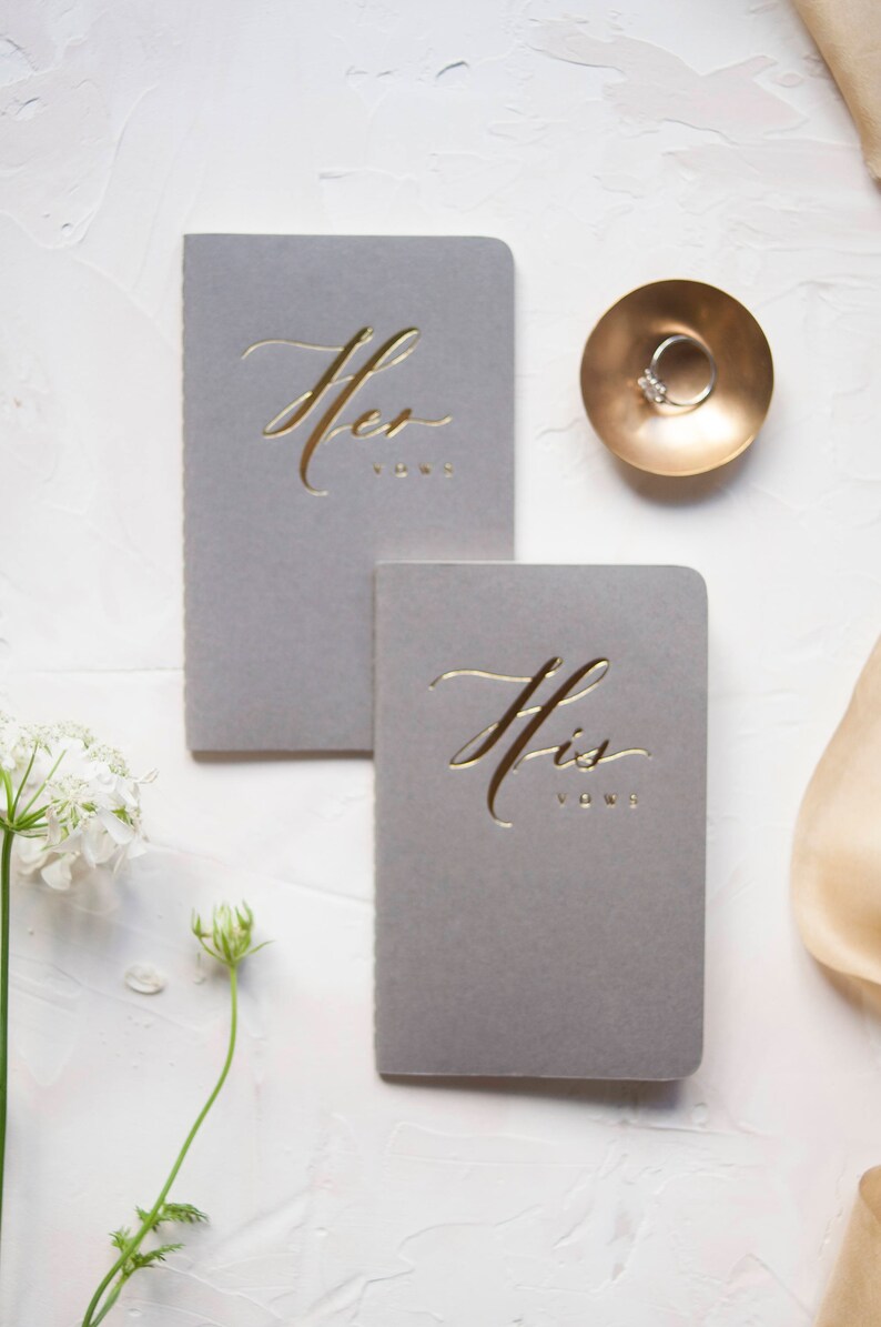 Wedding Vow Books Gold Foil Press on Grey Notebook-set of his and her with no personalization image 2