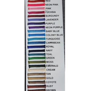 May include: A color chart with 24 different colors of cord, including white, silver, yellow, red, neon pink, pink, fuchsia, burgundy, lavender, purple, neon purple, baby blue, colony blue, turquoise, Caribbean, royal, navy, teal, green, moss, emerald, cream, tan, gold, coyote, rust, brown, dark brown, charcoal, and black.