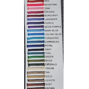 May include: A color chart with 24 different colors of cord, including white, silver, yellow, red, neon pink, pink, fuchsia, burgundy, lavender, purple, neon purple, baby blue, colony blue, turquoise, Caribbean, royal, navy, teal, green, moss, emerald, cream, tan, gold, coyote, rust, brown, dark brown, charcoal, and black.