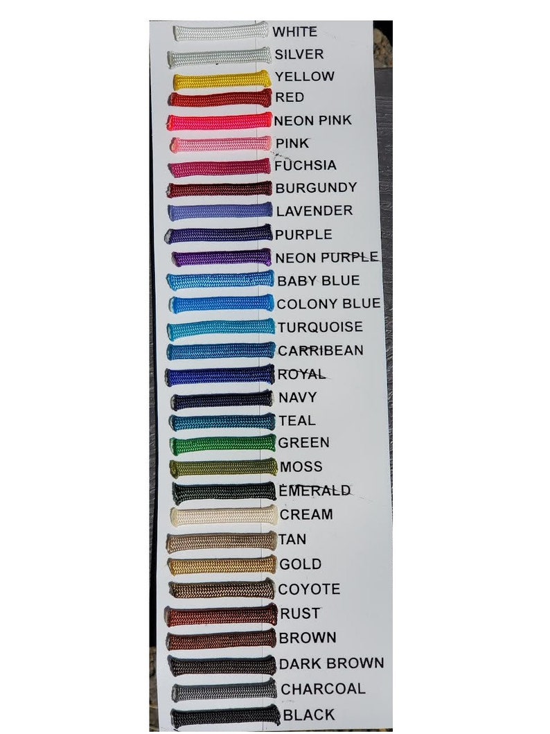 May include: A color chart with 24 different colors of cord, including white, silver, yellow, red, neon pink, pink, fuchsia, burgundy, lavender, purple, neon purple, baby blue, colony blue, turquoise, Caribbean, royal, navy, teal, green, moss, emerald, cream, tan, gold, coyote, rust, brown, dark brown, charcoal, and black.