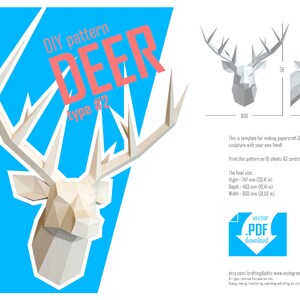 Puede incluir: Patrón de papercraft DIY para una escultura de cabeza de ciervo. El patrón es para el tipo #2 y está diseñado para imprimirse en 10 hojas de cartulina A2. La escultura terminada tendrá 74,7 cm de alto, 43,2 cm de profundidad y 80 cm de ancho.