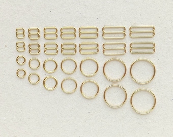 Gold bra making rings and sliders. Metal lingerie strap adjusters. 6-20 mm (1/4-13/16 in)