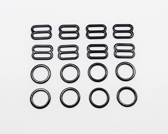 Nylon coated metal, rings and sliders, 4 sets, metal findings, strap adjusters, 11-12 mm, 1/2 in, colored metal, bra making, lingerie making
