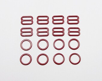 4 sets, nylon coated metal, rings and sliders, bra making, burgundy color, strap adjusters, 11-12 mm, 1/2 in, colored metal, lingerie making