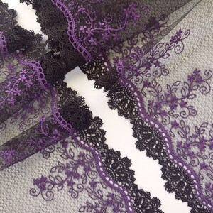 Black non stretch lace with purple embroidery