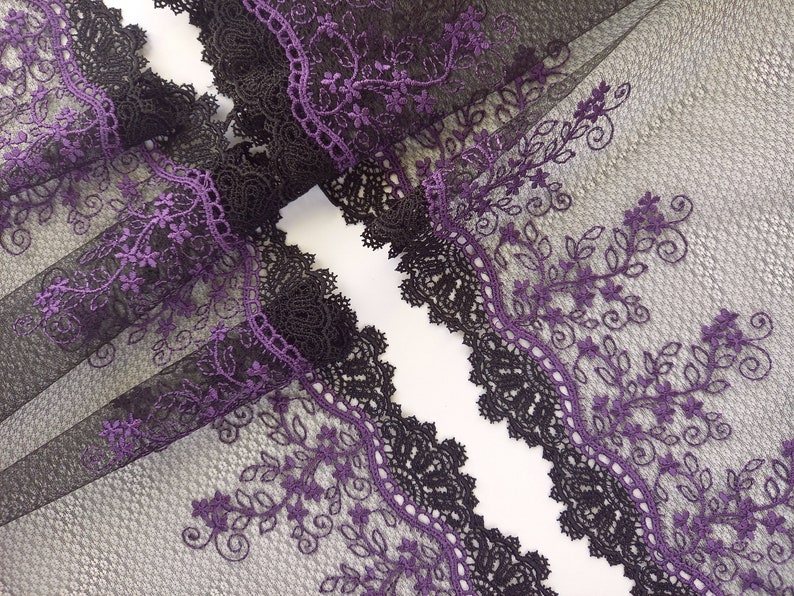 Black non stretch lace with purple embroidery