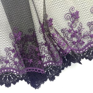 Black non stretch embroidered lace with purple embroidery