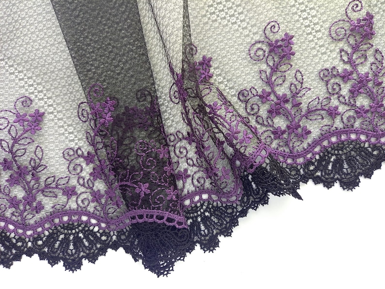 Black non stretch embroidered lace with purple embroidery