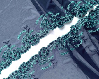 Navy blue stretch embroidered lace, mirrored lace, sold only in two symmetrical pieces, 21 cm (8 1/4 in) wide