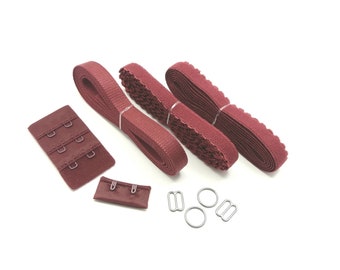 Burgundy red lingerie findings kit. Dark red elastics and notions for soft bra sewing