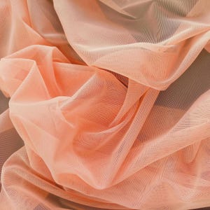 Può includere: Tessuto di tulle color pesca con una texture morbida e delicata. Il tessuto è trasparente e presenta un motivo a rete fine.